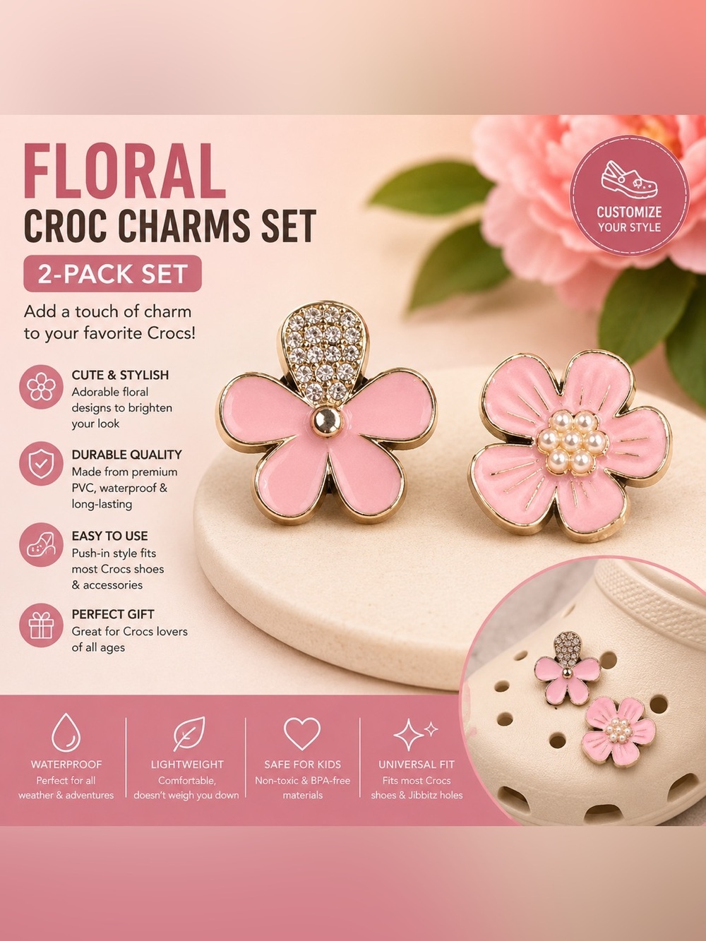 2pc CROCS Pink Enamel Flower Jibbitz Charm with Rhinestone Accent